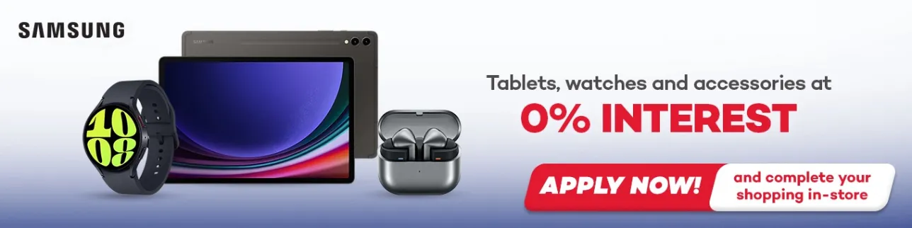 Banner showing Samsung Tablets, watches and accessories at 0% interest at shoppingmall.