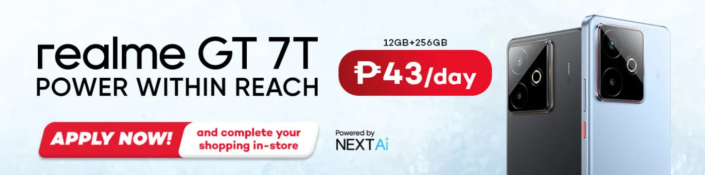 Banner showing Realme GT7T for as low as P43 per day