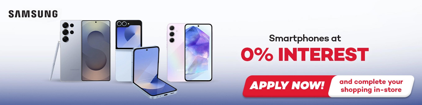 Banner showing Samsung Smartphones at 0% interest