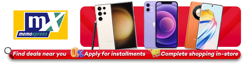Banner showing iPhone 11, Honor X9b and Samsung A55 available at MemoXpress via Homecredit